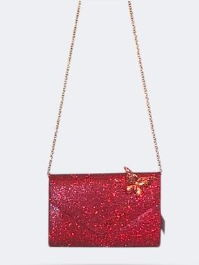 Formal Red Crystal Clutch Handbag Red Purse Shoulder Bag Butterfly Glam Bag NEW